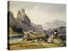 Figures and a Boat on the Shore of a Lake, a House and Ruined Castle in the Background, C1830S-Alfred Gomersal Vickers-Stretched Canvas