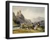 Figures and a Boat on the Shore of a Lake, a House and Ruined Castle in the Background, C1830S-Alfred Gomersal Vickers-Framed Giclee Print