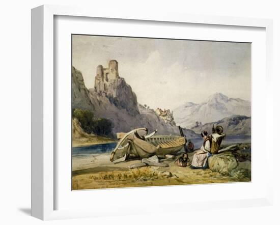 Figures and a Boat on the Shore of a Lake, a House and Ruined Castle in the Background, C1830S-Alfred Gomersal Vickers-Framed Giclee Print