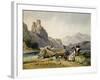 Figures and a Boat on the Shore of a Lake, a House and Ruined Castle in the Background, C1830S-Alfred Gomersal Vickers-Framed Giclee Print