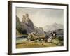 Figures and a Boat on the Shore of a Lake, a House and Ruined Castle in the Background, C1830S-Alfred Gomersal Vickers-Framed Giclee Print