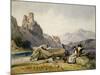 Figures and a Boat on the Shore of a Lake, a House and Ruined Castle in the Background, C1830S-Alfred Gomersal Vickers-Mounted Giclee Print