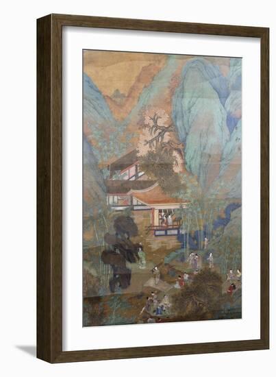 Figures at Leisure in the Garden of a Pavilion, Set in a Mountainous Landscape of Blossoming…-null-Framed Giclee Print