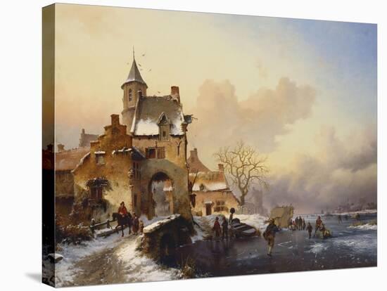 Figures Crossing a Bridge in Frozen Landscape, 1850-Frederik Marianus Kruseman-Stretched Canvas