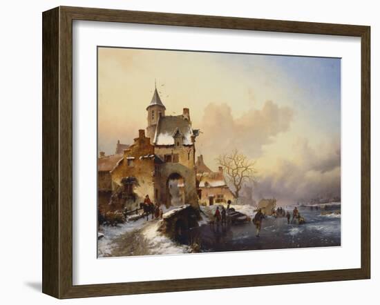 Figures Crossing a Bridge in Frozen Landscape, 1850-Frederik Marianus Kruseman-Framed Giclee Print