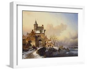 Figures Crossing a Bridge in Frozen Landscape, 1850-Frederik Marianus Kruseman-Framed Giclee Print