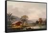 Figures Guiding a Sampan Round a Bend in a River, Past a Village-George Chinnery-Framed Stretched Canvas