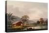 Figures Guiding a Sampan Round a Bend in a River, Past a Village-George Chinnery-Stretched Canvas