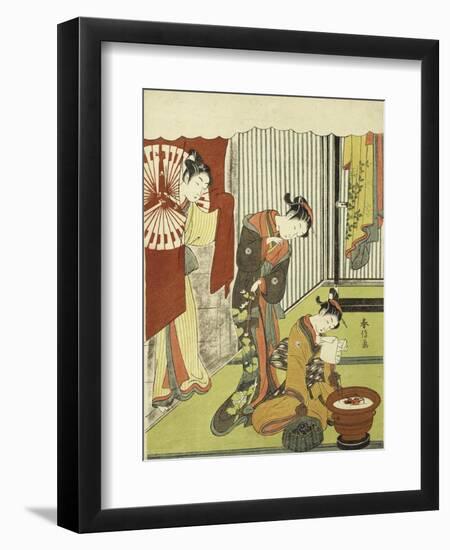 Figures in an Interior. a Courtesan Looking at Her Shinzo Who is Reading a Love Letter-Okada Beisanjin-Framed Giclee Print