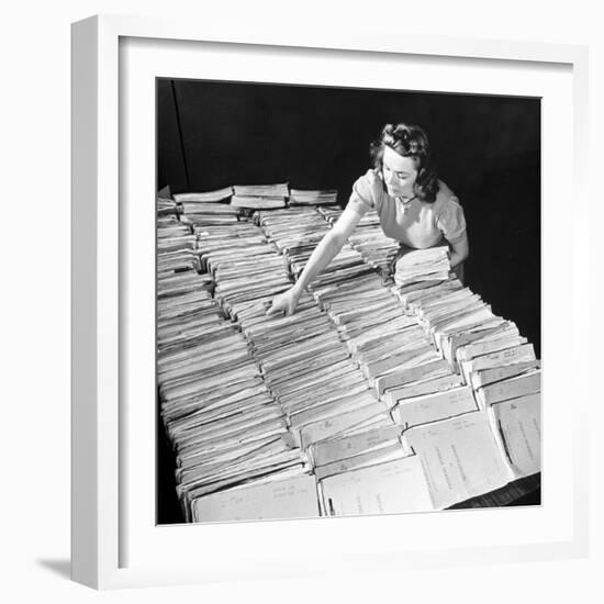 File Clerk at the Fbi Working with a Table Covered with Files-null-Framed Photographic Print
