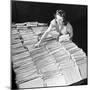 File Clerk at the Fbi Working with a Table Covered with Files-null-Mounted Photographic Print