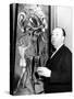 Film Director Alfred Hitchcock, Standing Beside Salvador Dali's Painting "Movies"-Herbert Gehr-Stretched Canvas