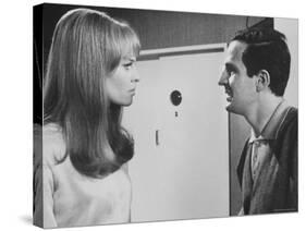 Film Director Francois Truffaut with Actress Julie Christie During Filming of "Fahrenheit 451."-Paul Schutzer-Stretched Canvas