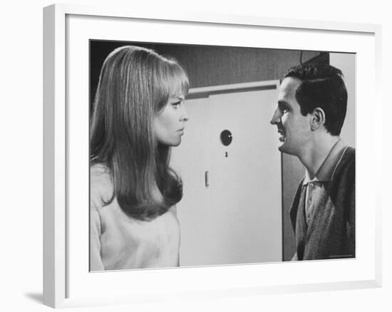 Film Director Francois Truffaut with Actress Julie Christie During Filming of "Fahrenheit 451."-Paul Schutzer-Framed Premium Photographic Print