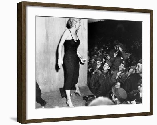 Film Star Marilyn Monroe Appearing with USO Camp Show, "Anything Goes"-null-Framed Premium Photographic Print