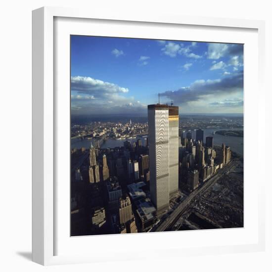 Financial District with World Trade Center's Twin Towers Dwarfing Rest of Wall Street Buildings-Henry Groskinsky-Framed Photographic Print