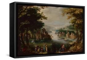 Finding of Moses with an Elegant Couple, Servant and Hunter oil on wood-Karel van Mander-Framed Stretched Canvas