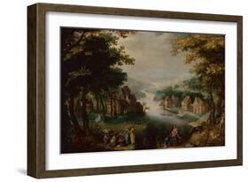 Finding of Moses with an Elegant Couple, Servant and Hunter oil on wood-Karel van Mander-Framed Giclee Print