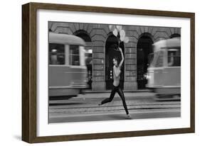 Fine Art Photo- Young Woman Holding Balloons in a Empty City Street-conrado-Framed Art Print