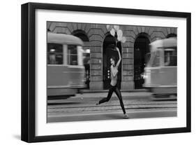 Fine Art Photo- Young Woman Holding Balloons in a Empty City Street-conrado-Framed Art Print