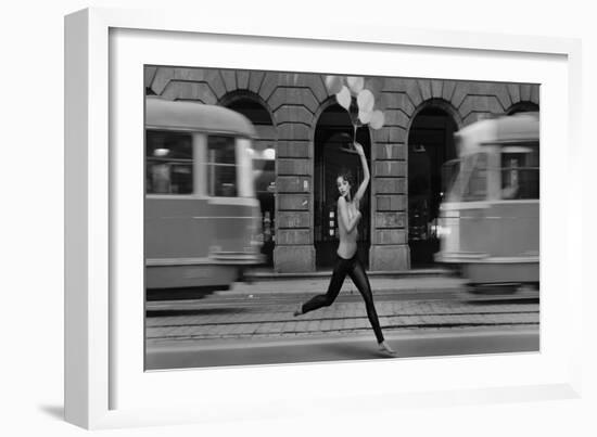 Fine Art Photo- Young Woman Holding Balloons in a Empty City Street-conrado-Framed Art Print