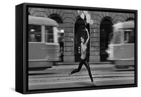Fine Art Photo- Young Woman Holding Balloons in a Empty City Street-conrado-Framed Stretched Canvas