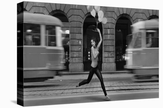 Fine Art Photo- Young Woman Holding Balloons in a Empty City Street-conrado-Stretched Canvas