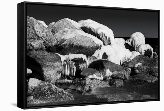Fine Art Picture of Snowy and Icy Rocks in the Ocean. Black and White-Michal Bednarek-Framed Stretched Canvas