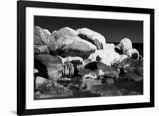 Fine Art Picture of Snowy and Icy Rocks in the Ocean. Black and White-Michal Bednarek-Framed Photographic Print