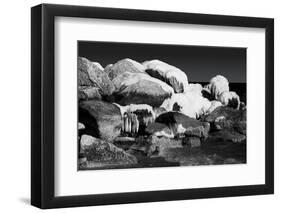 Fine Art Picture of Snowy and Icy Rocks in the Ocean. Black and White-Michal Bednarek-Framed Photographic Print