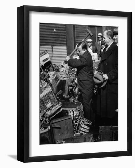 Fiorello La Guardia (1882-1947) Smashing Confiscated Slot Machines, 1934 (B/W Photo)-American Photographer-Framed Giclee Print