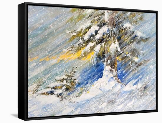 Fir-Tree In Snow. A Picture Drawn By Oil-balaikin2009-Framed Stretched Canvas