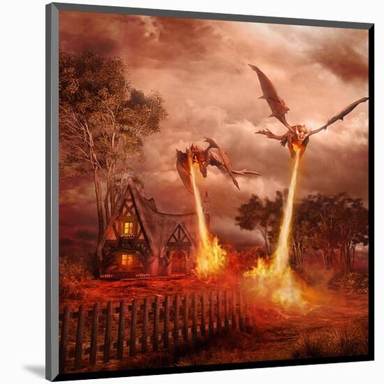 Fire Dragon Attack on Village-null-Mounted Art Print