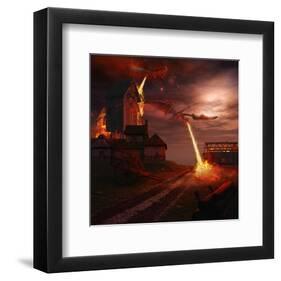 Fire Dragon Attack on Windmill-null-Framed Art Print