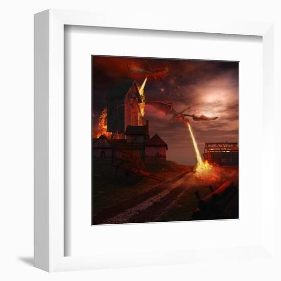 Fire Dragon Attack on Windmill-null-Framed Art Print