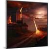 Fire Dragon Attack on Windmill-null-Mounted Art Print