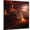 Fire Dragon Attack on Windmill-null-Mounted Art Print