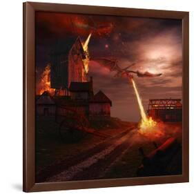 Fire Dragon Attack on Windmill-null-Framed Art Print