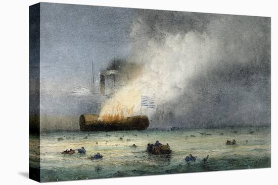 Fire on Steamboat Lexington, Colour Lithograph by Ferdinand Perrot, 19th Century-null-Stretched Canvas