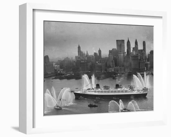 Fireboats Greeting the SS France, as It Enters the New York Harbor on Its Maiden Voyage-Ralph Morse-Framed Photographic Print