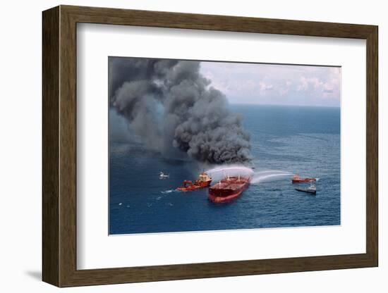 Fireboats Spraying Burning Mega Borg Tanker-null-Framed Photographic Print