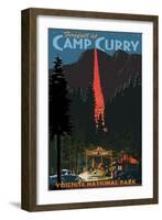 Firefall and Camp Curry - Yosemite National Park, California-Lantern Press-Framed Art Print