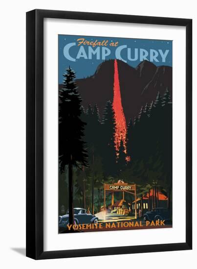 Firefall and Camp Curry - Yosemite National Park, California-Lantern Press-Framed Art Print
