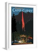 Firefall and Camp Curry - Yosemite National Park, California-Lantern Press-Framed Art Print