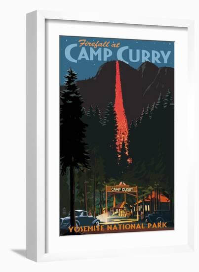 Firefall and Camp Curry - Yosemite National Park, California-Lantern Press-Framed Art Print