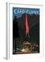 Firefall and Camp Curry - Yosemite National Park, California-Lantern Press-Framed Art Print