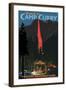 Firefall and Camp Curry - Yosemite National Park, California-Lantern Press-Framed Art Print