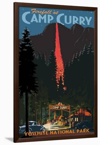 Firefall and Camp Curry - Yosemite National Park, California-Lantern Press-Framed Art Print