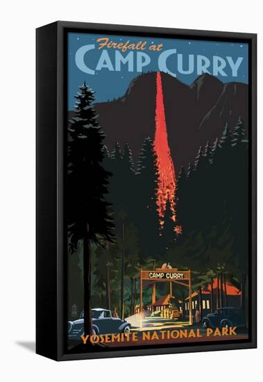 Firefall and Camp Curry - Yosemite National Park, California-Lantern Press-Framed Stretched Canvas