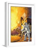 Fireman in Safety Suit Fighting a Fire at an Oil Field-Angus Mcbride-Framed Giclee Print